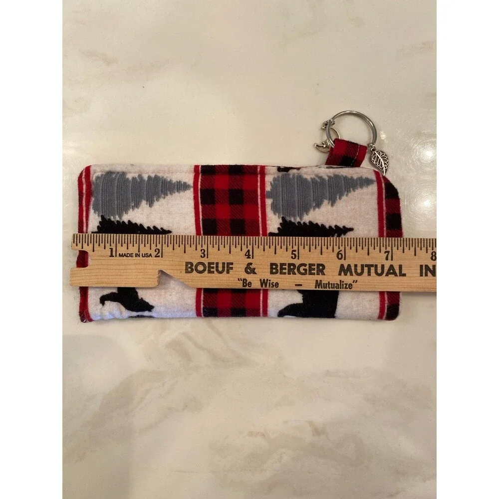 Eyeglass Case Distressed Flannel‎ Look w/  Leaf & Moon Charms on Keyring Plaid